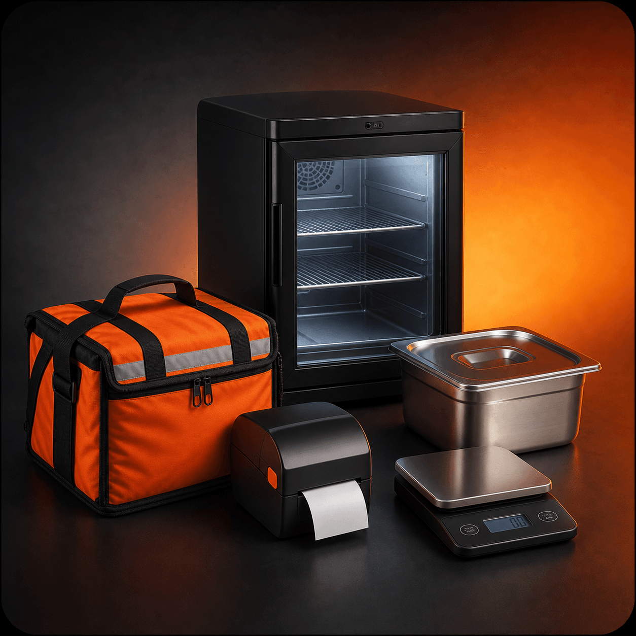 Equipamentos para delivery com freezer, bolsa térmica, impressora e balança