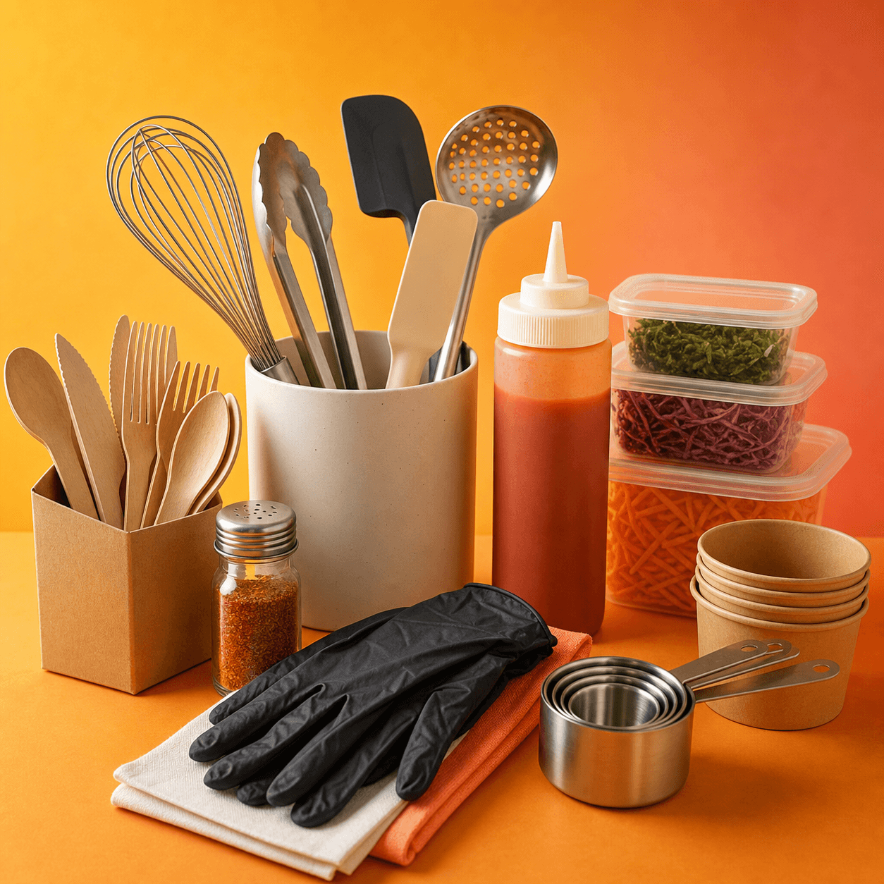 Utensílios, luvas, recipientes e insumos de cozinha para operação de delivery