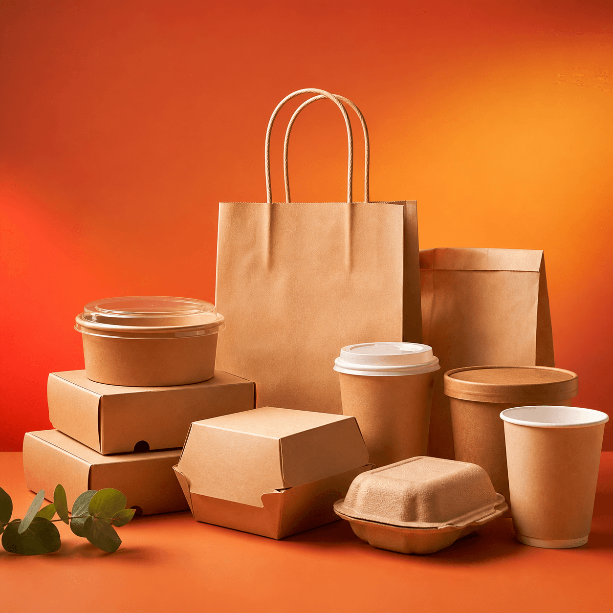 Embalagens kraft, potes e sacolas para delivery em uma composição de produto