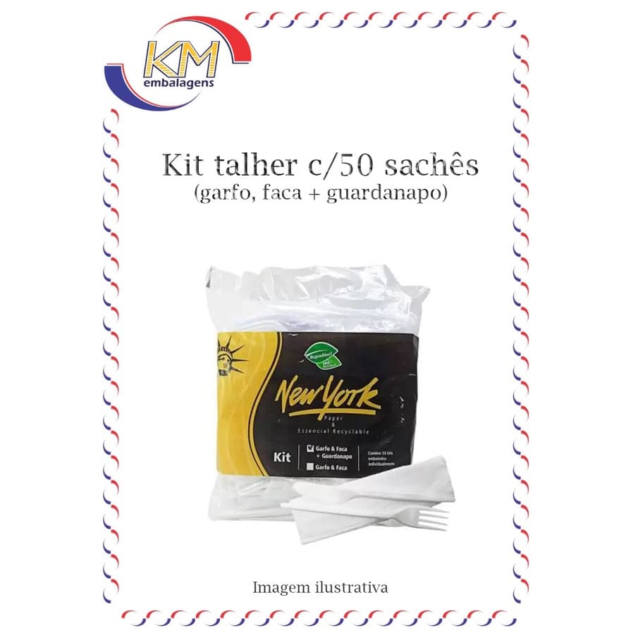 Kit talher c/ 50 sachês - garfo, faca + guardanapo - refeição, festa, confraternização, marmitex, delivery