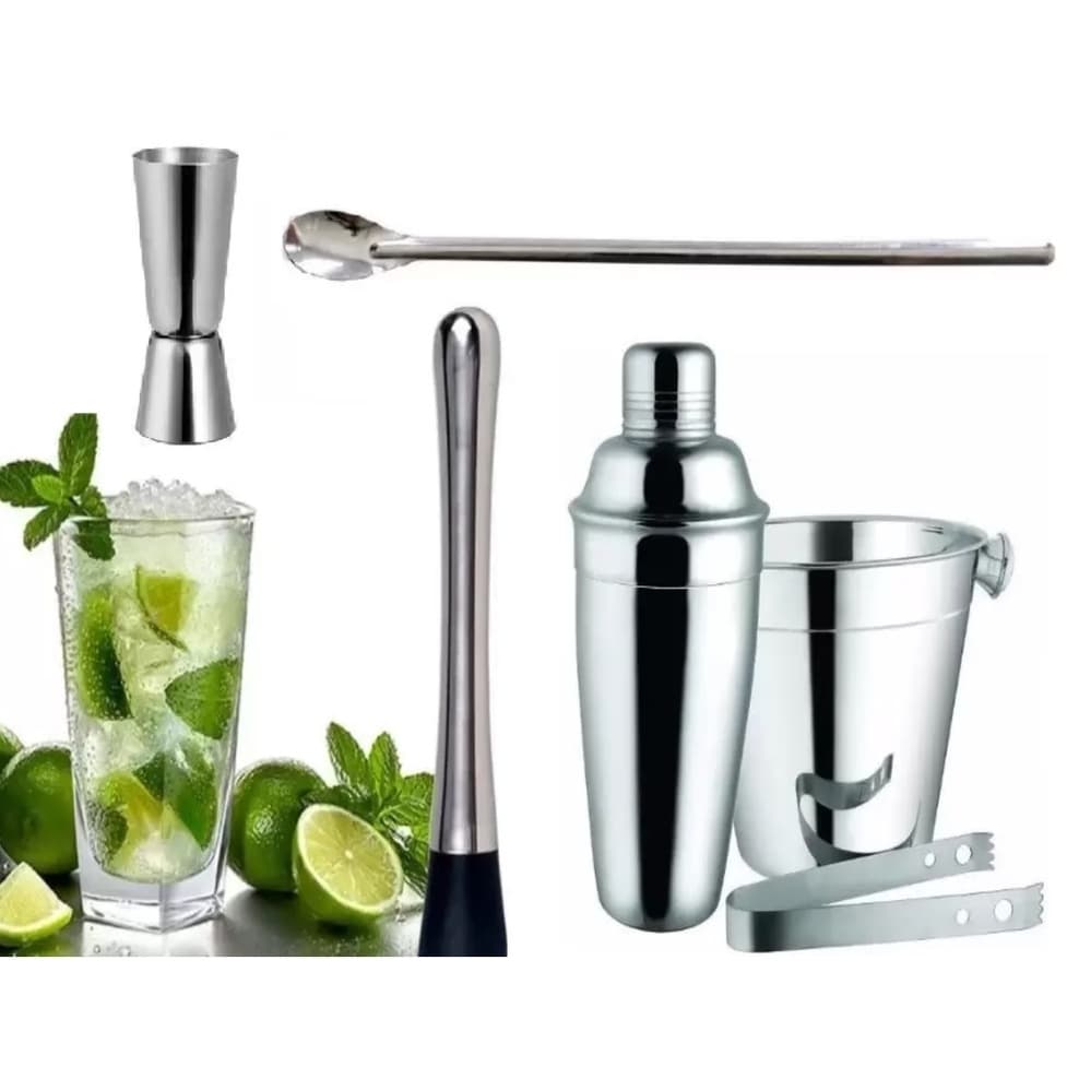 Kit Caipirinha Aço Inox Coqueteleira 500 Ml -750 ml  balde gelo socador limao dosador 30/60 colher bailarina aço inox