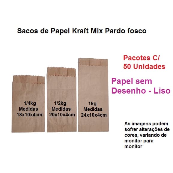 50  Sacos de Pão Kraft Mix Papel Pardo fosco P/ Padaria, Doces, Farmácia, Mercearia, Pastelaria