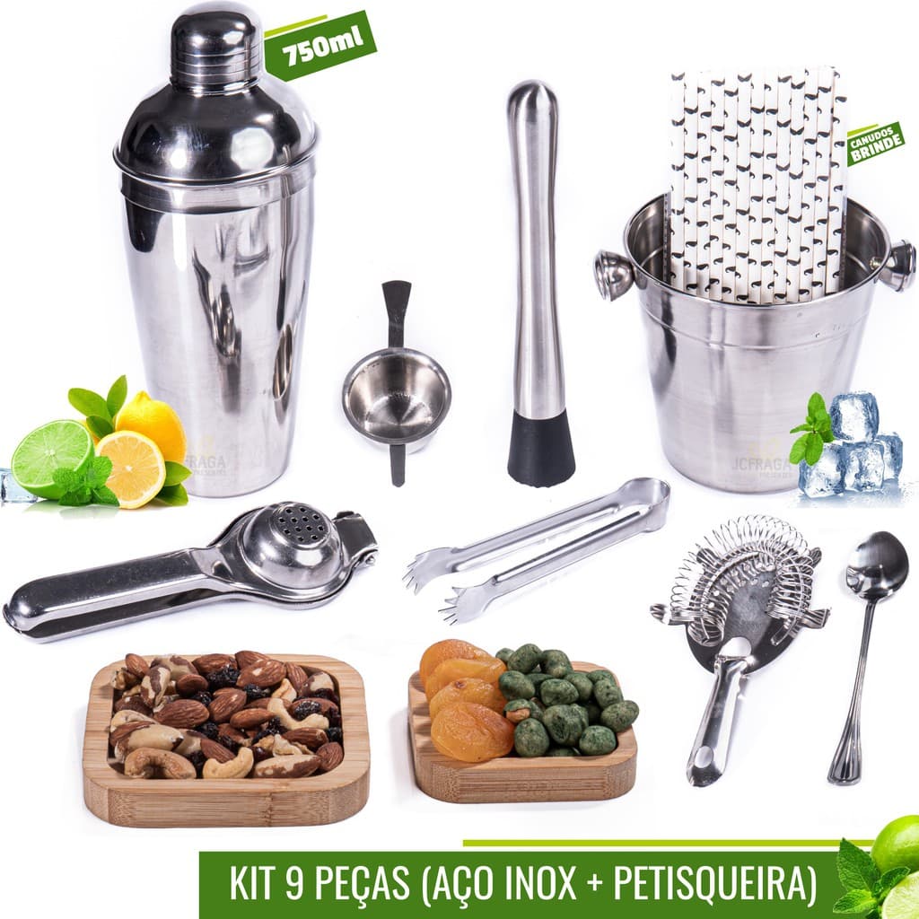Kit Caipirinha Coqueteleira 750 Ml Inox Profissional + B R I N D E