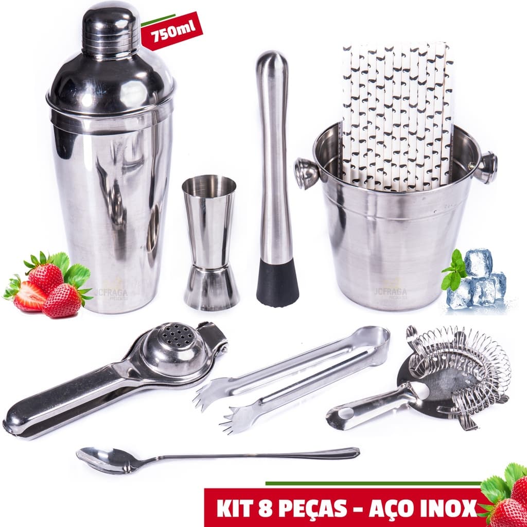 Kit Barman Profissional Coqueteleira 750 Ml Bar/Drinks 8 Peças Aço Inox