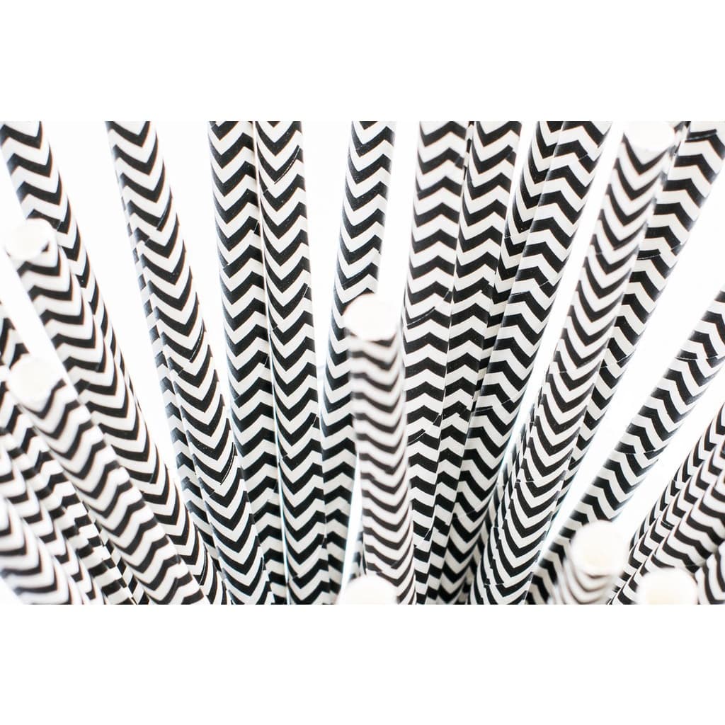 Canudos de Papel Branco com Chevron Preto - 10 Und