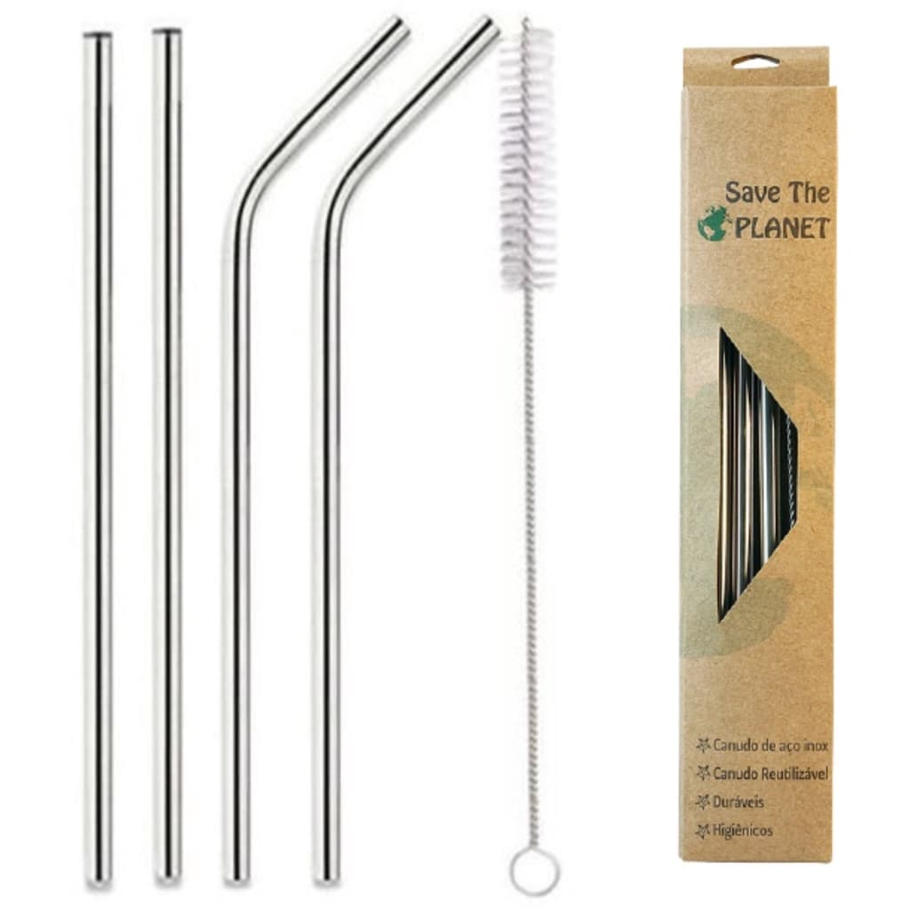 Kit com 4 Canudos Inox Reutilizáveis Reto / Curvo com Escova Higiênica
