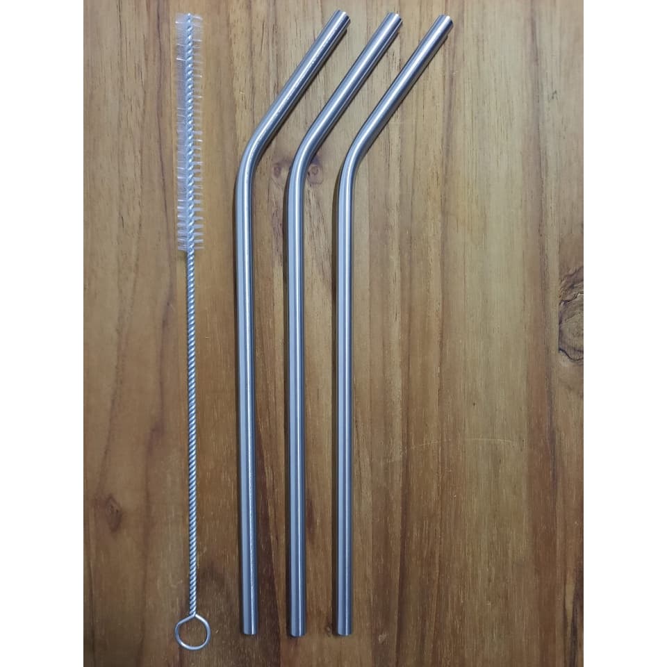 Kit 4 peças com 3 Canudos de aço inox curvado reutilizável sustentável + 1 escova de limpeza