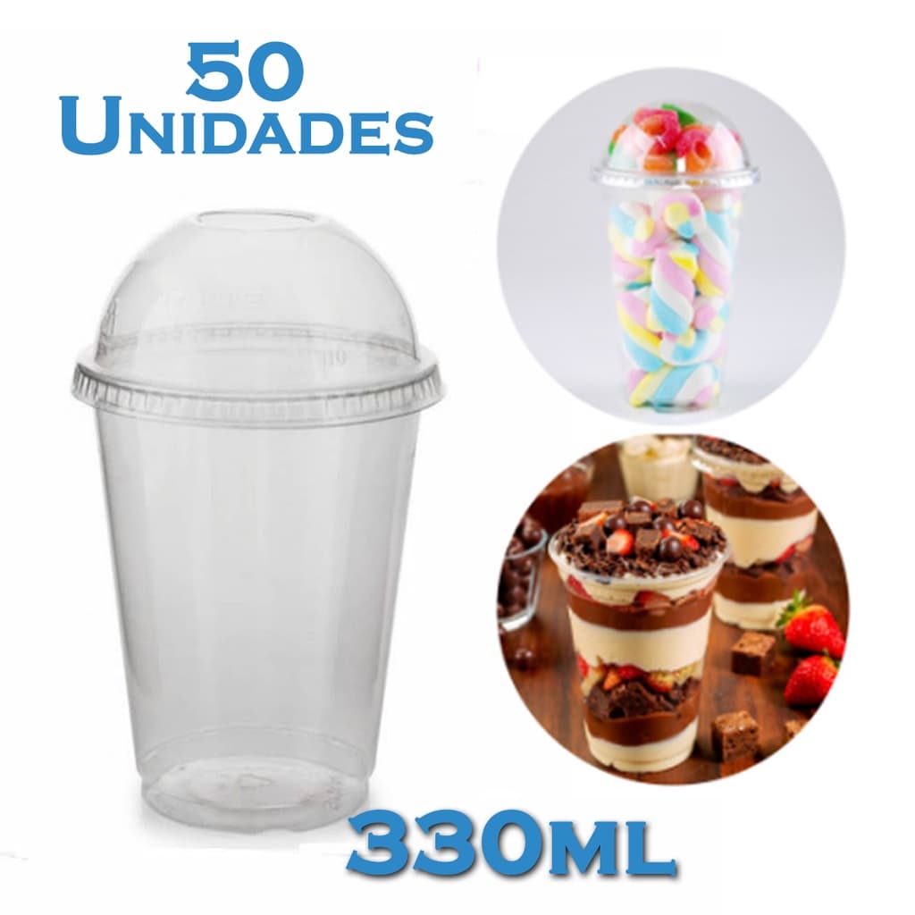 Copo Embalagem com Tampa Bolha Com Furo Para Delivery Doces Salada Milk Shake Bolo Pote 330Ml 50Un
