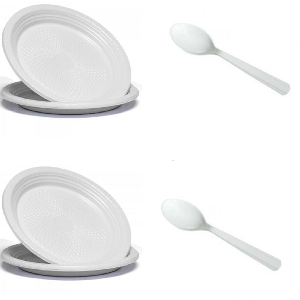 Kit festa descartaveis com 100 pratos 23 cm premium rasos e 100 colheres cristal ou branca