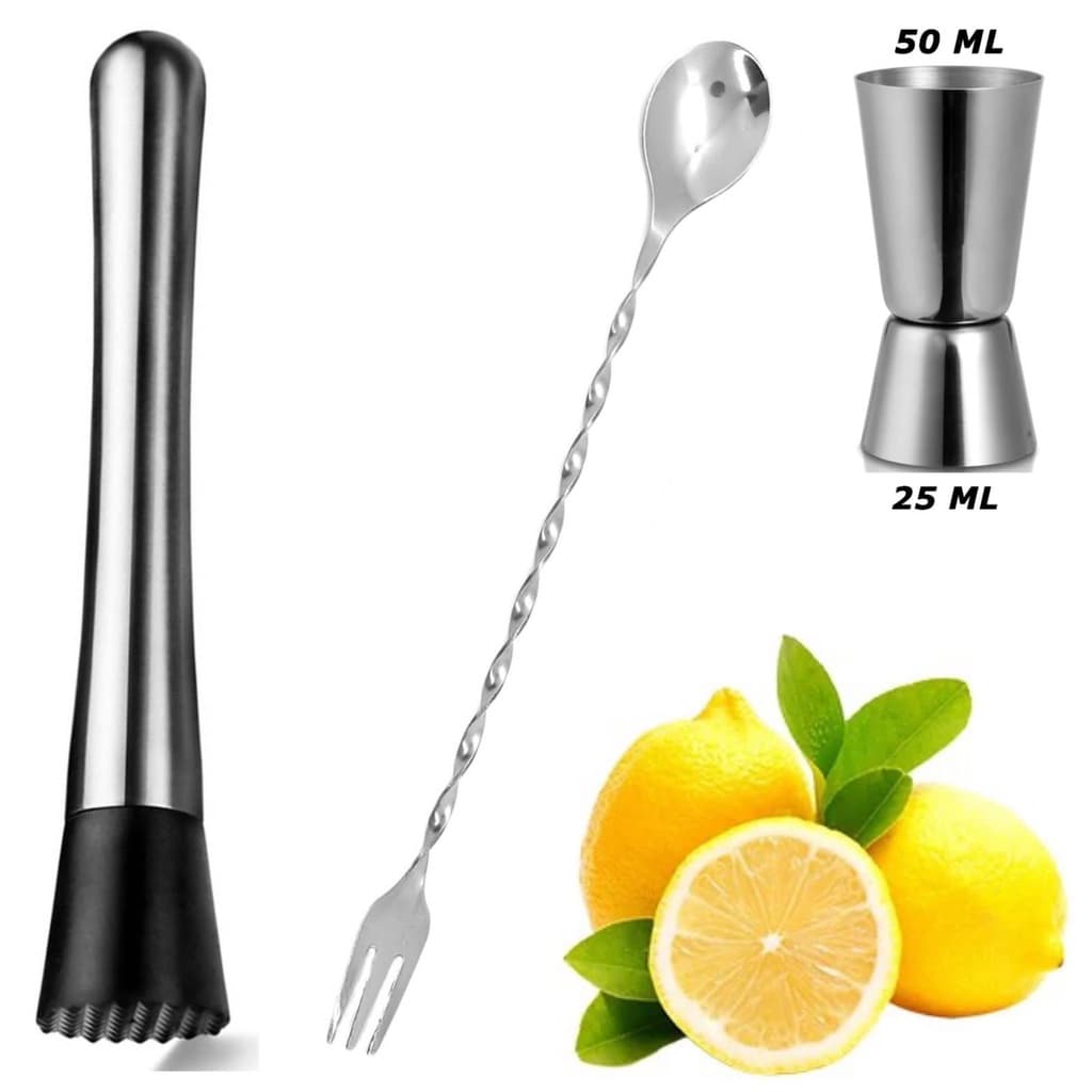 Kit Dosador Medidor De Bebidas Duplo / Colher Bailarina Com Mini Garfo 30 Cm e Socador Amassador de Caipirinha Inox Para Gin Tônica Barman