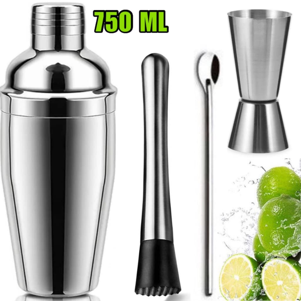 Coqueteleira 750 ml + Socador de Limão + Colher + Dosador duplo de Wisky Inox