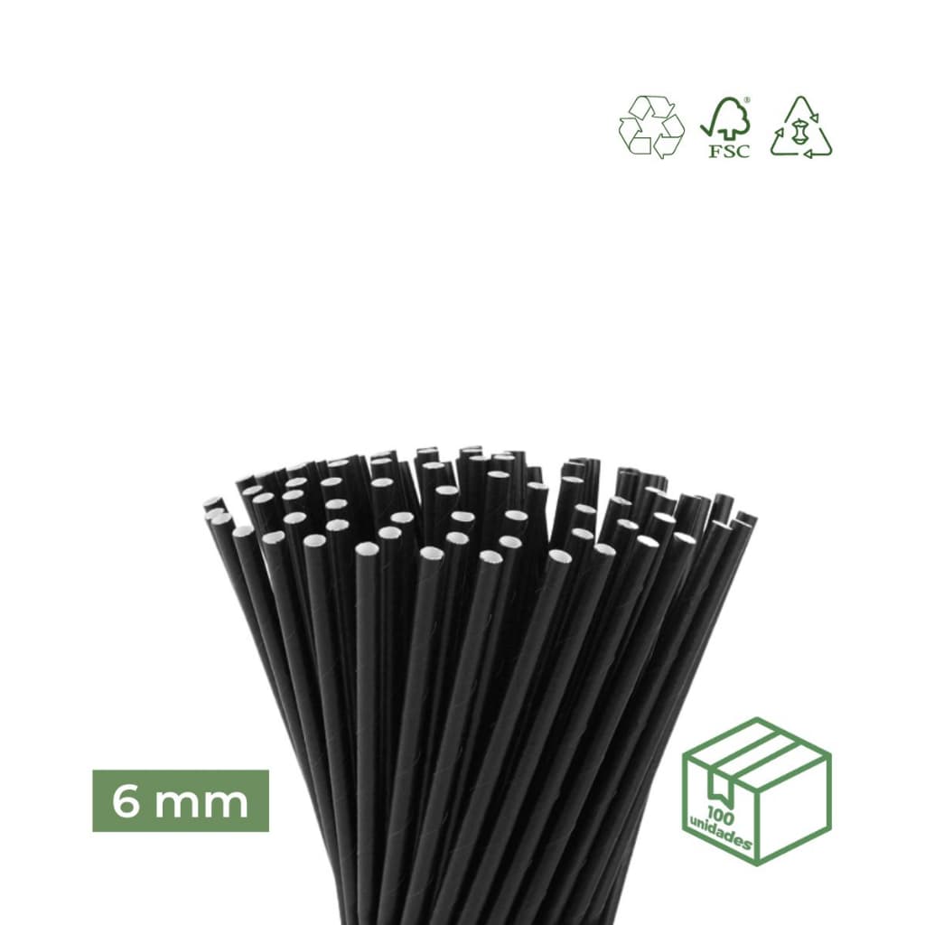 Canudo de Papel Biodegradável Preto 6mmx197mm - 100 unidades