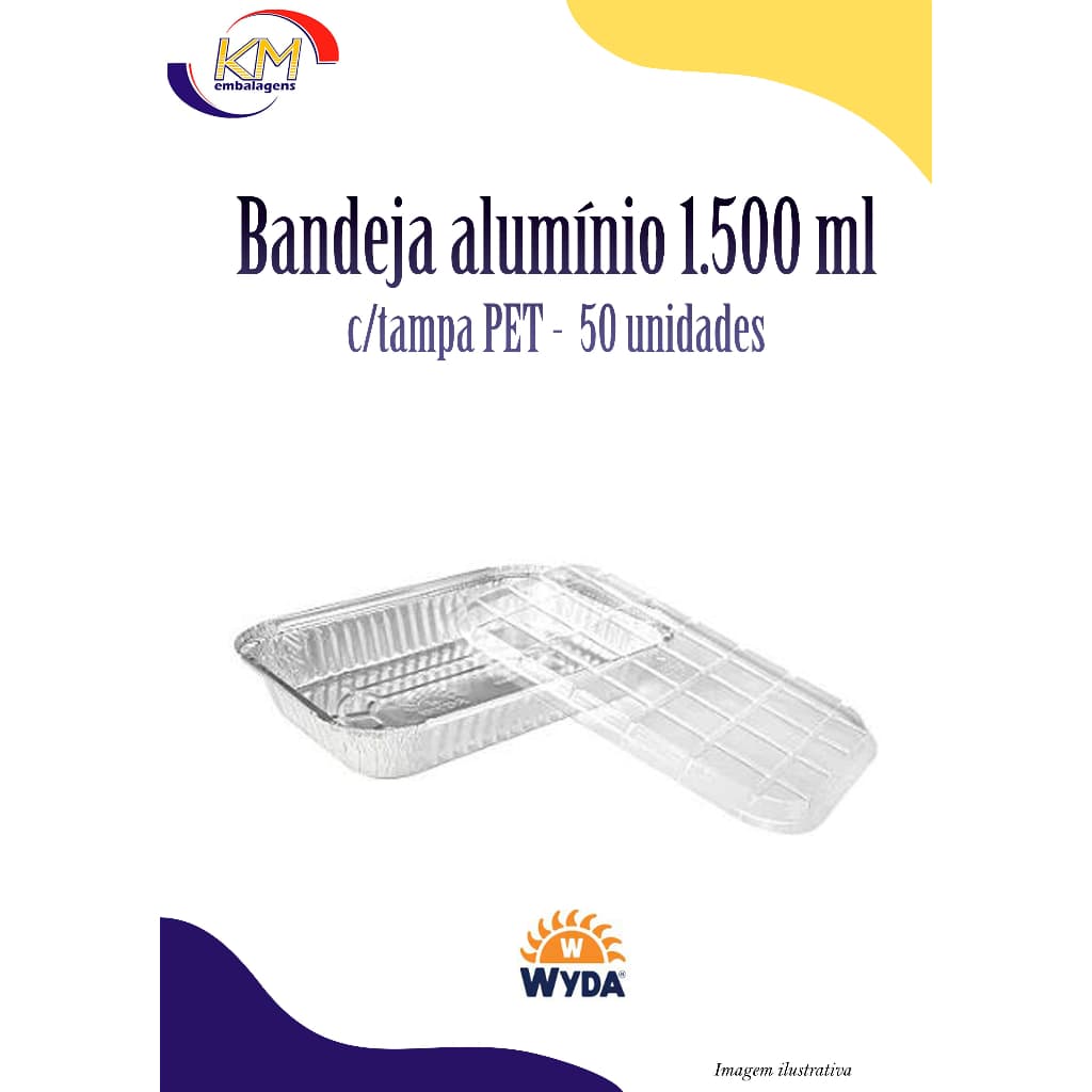 Bandeja de alumínio retangular 1.500 ml c/tampa PET c/50 unid - Wyda - alimentos, delivery, restaurante, marmitex