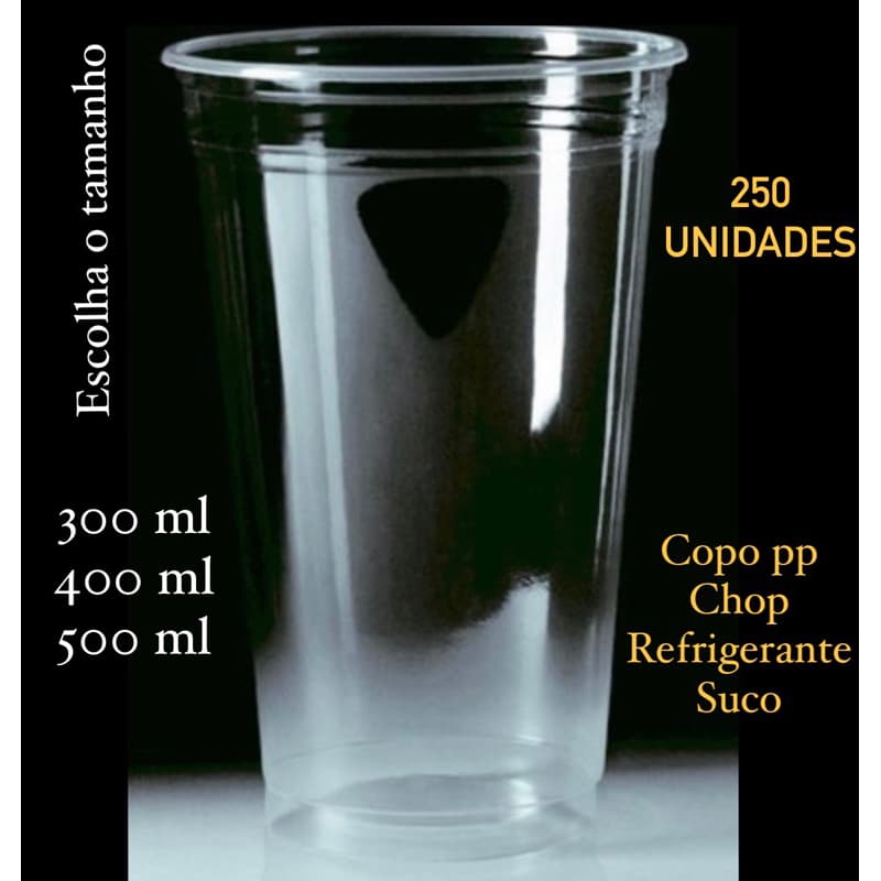 250 Copo Descartável 300ml / 400 ml ou 500 ml Chopp Transparente PP OFF