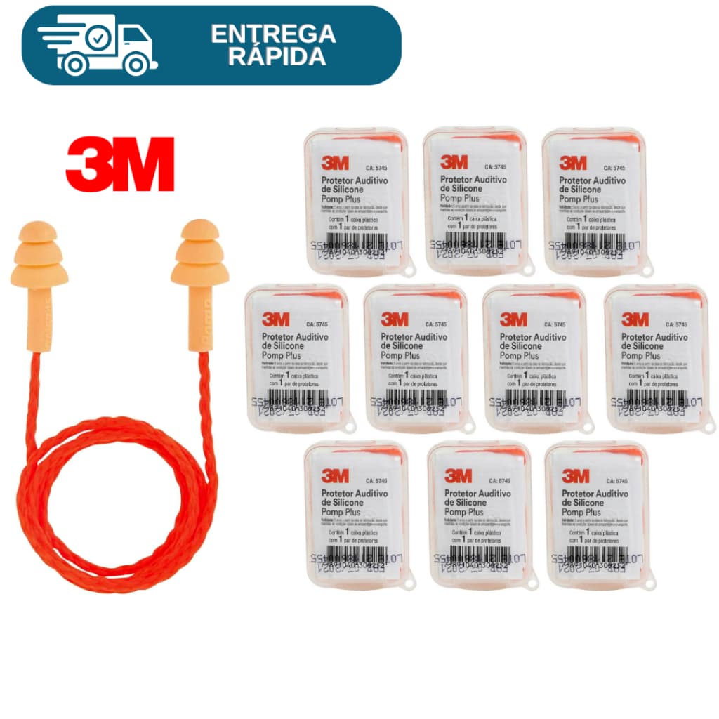 Kit 10 Protetor Auricular Auditivo Plug Silicone Pomp Plus 3M C/ Cordão Para Ouvido 19DB Esportivo