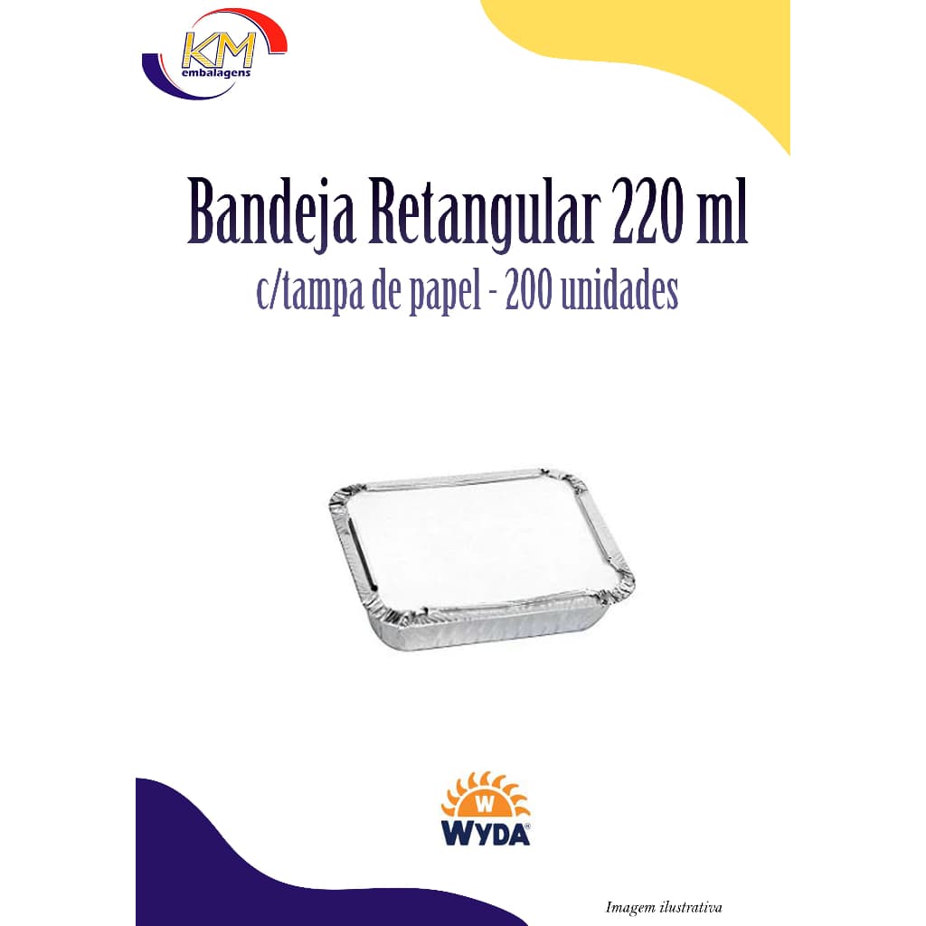 Bandeja alumínio retangular 220 ml c/tampa papel c/200 unid. - Wyda - marmita, marmitinha, torta, embalagem alimento, bolo, doces