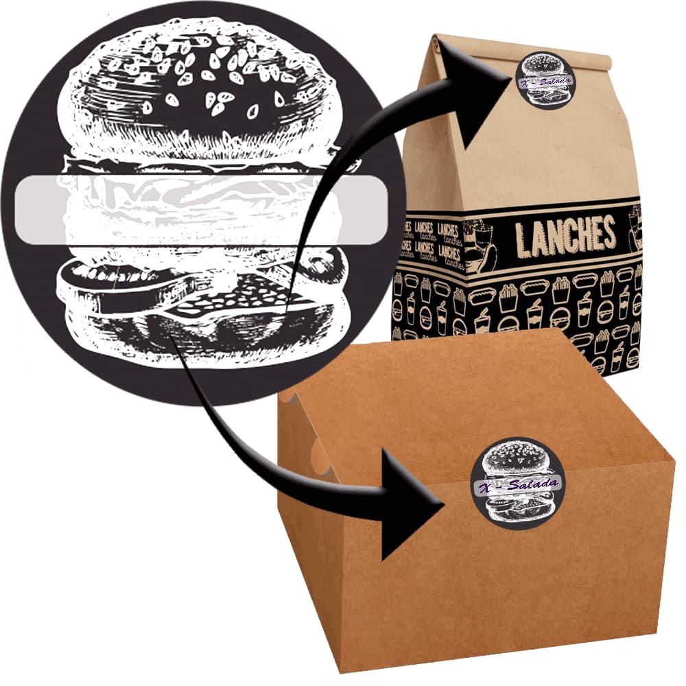 1000 ADESIVO TAG LACRE ETIQUETA DE SEGURANÇA REDONDO 4X4 CM PARA CAIXA SACO SACOLA PAPEL PAPELAO PLASTICO EZOPOR DELIVERY PRETO LINHA PERSONALIZADA PARA HAMBURGUERIA LANCHONETE PADARIA LANCHETERIA SUPERMERCADO BAR FAST-FOOD COM ESPAÇO PARA NOME DO LANCHE