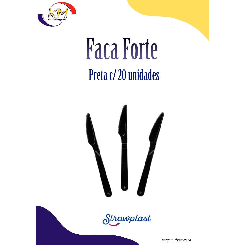 Faca Forte Preta c/20 unid. - Strawplast - refeição, talher, festa, comemoração, churrasco