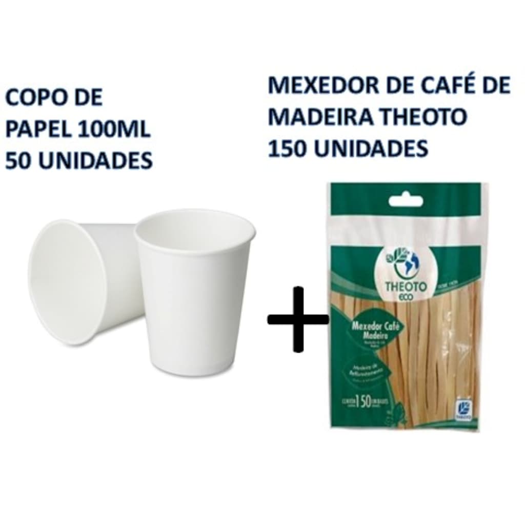 Copo de Papel 100ml 50 unidades + Mexedor De Café Theoto 9 Cm Curvo Madeira Descartável 150 unidades