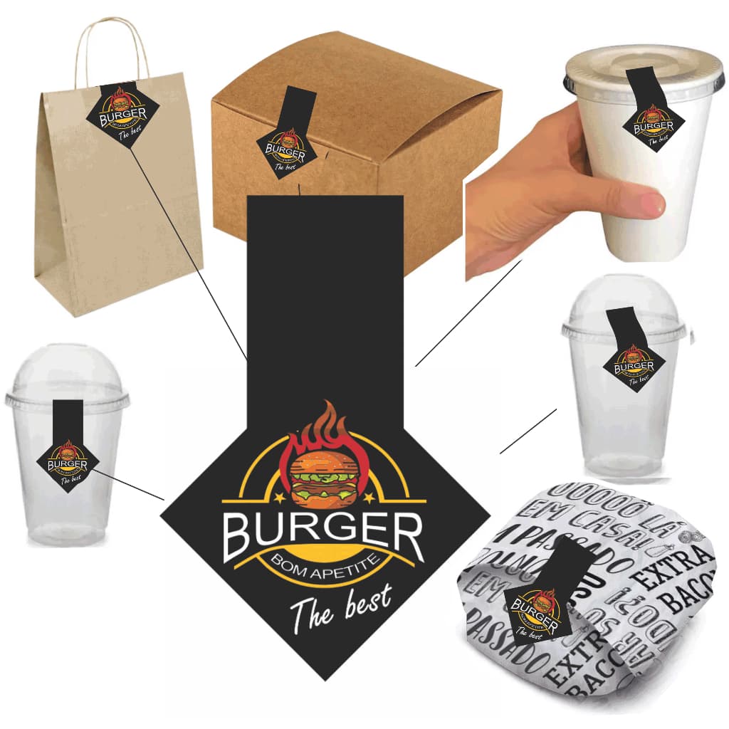 Adesivo Tag Etiqueta Lacre 4cm x 5,8cm para Destacar sua Marca em Caixas, Sacolas, Pacotes, Copos e Embalagens  Perfeito para Hamburguerias Lanchonetes e Delivery MODELO LOSANGO