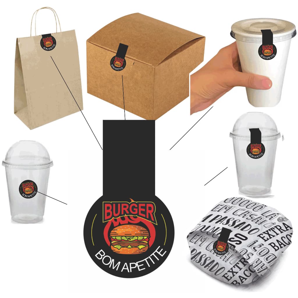 Adesivo Tag Etiqueta Lacre 4cm x 5,8cm para Destacar sua Marca em Caixas, Sacolas, Pacotes, Copos e Embalagens  Perfeito para Hamburguerias Lanchonetes e Delivery modelo redondo