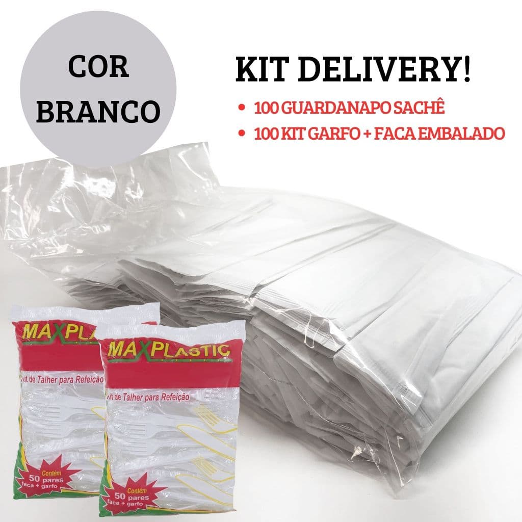 Kit Delivery Branco: 100 Conjuntos de Garfo e Faca + 100 Guardanapos Sache LISO
