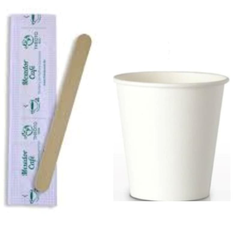Copo de Papel 100ml 50 unidades + Mexedor de Café de Madeira  Embalado Individual 50 Unidades