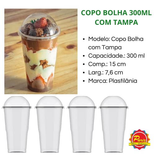 Copo Bolha 300ml PP com Tampa Bolha sem Furo PET Reforçado 20un - Plastilânia