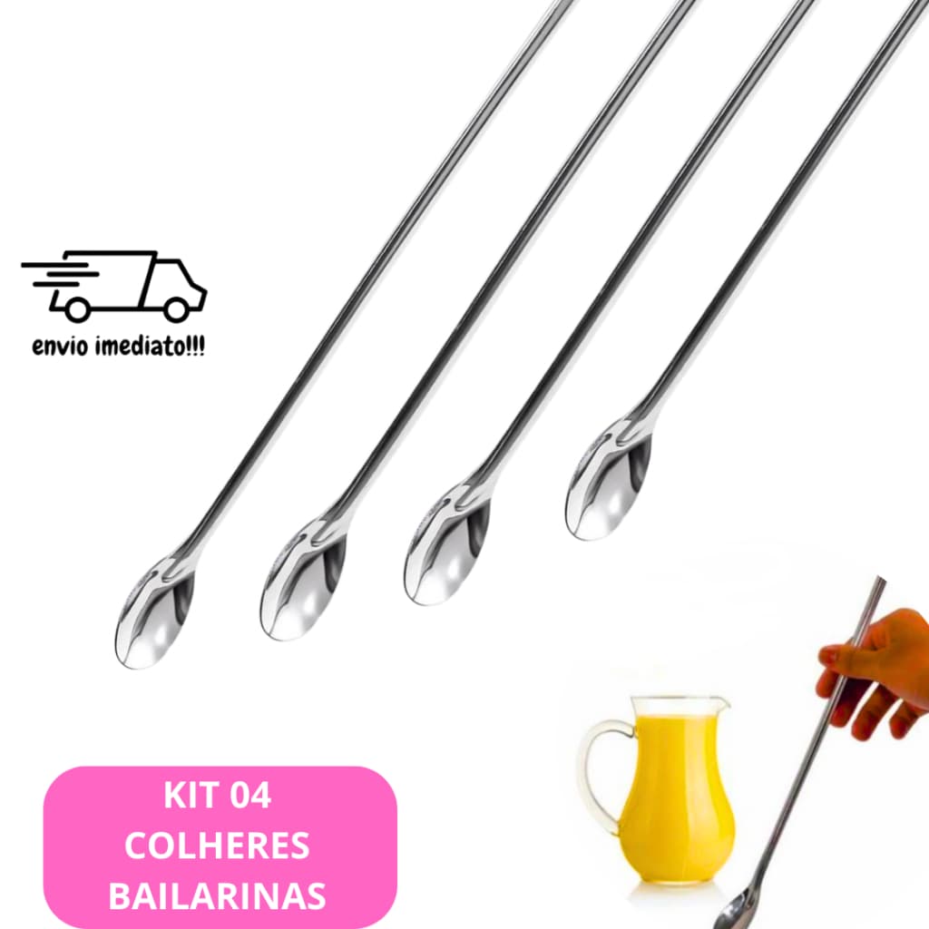 Kit 4 Colheres - Colher Bailarina Aço Inox 30 Cm Multiuso Para Bebidas Drinks Suco Bar Restaurante