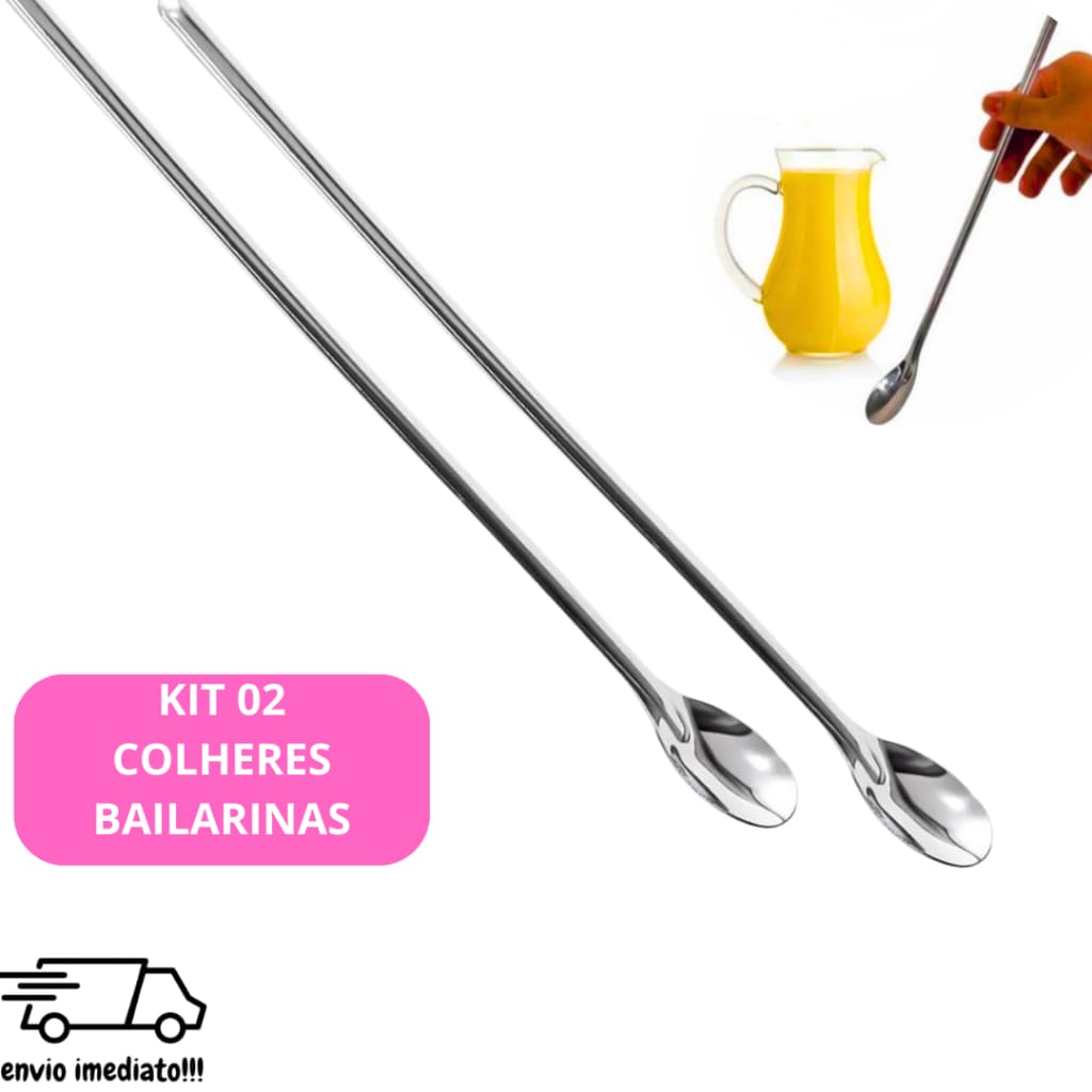 Kit 2 Colheres Bailarina Aço Inox 30 Cm Multiuso Para Bebidas Drinks Suco Bar Restaurante Residencia