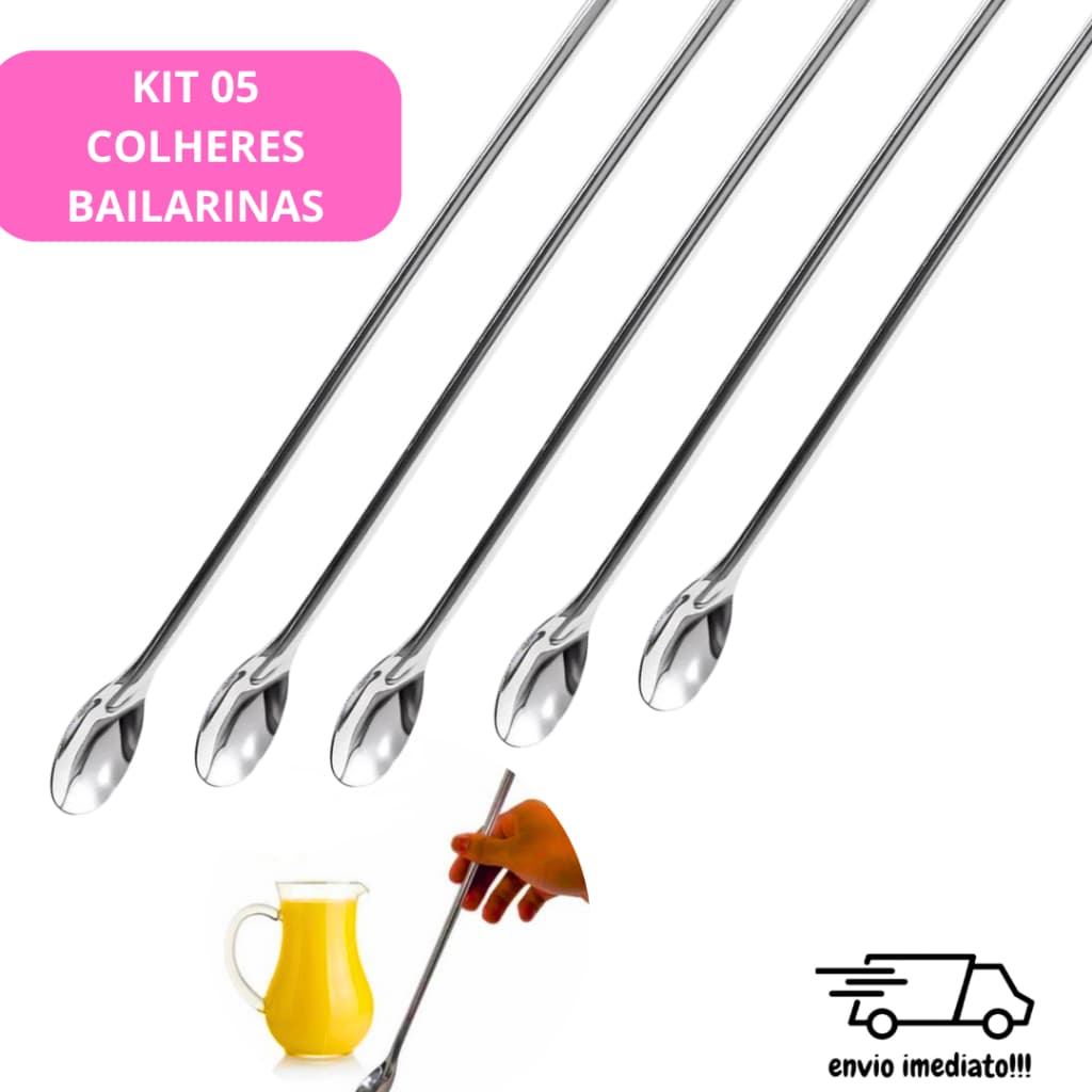 Kit 5 Colheres Bailarina Aço Inox 30 Cm Multiuso Para Bebidas Drinks Suco Bar Restaurante Residencia