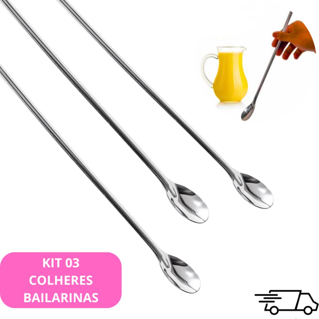 Kit 3 Colheres Bailarina Aço Inox 30 Cm Multiuso Para Bebidas Drinks Suco Bar Restaurante Residencia