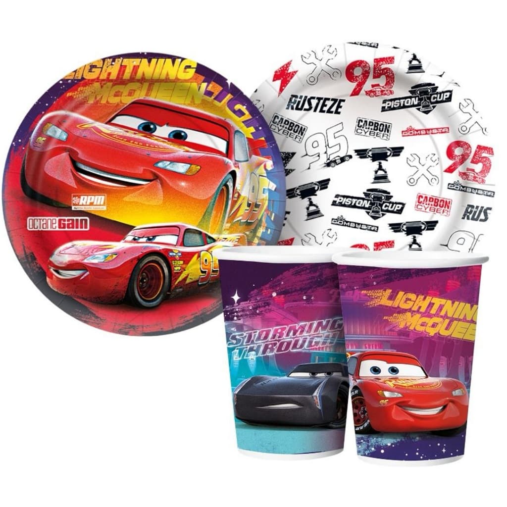 KIT FESTA DESCARTÁVEL  PRATOS E COPOS DE PAPEL, BALÃO , GARFO DE MADEIRA CARS - CARROS