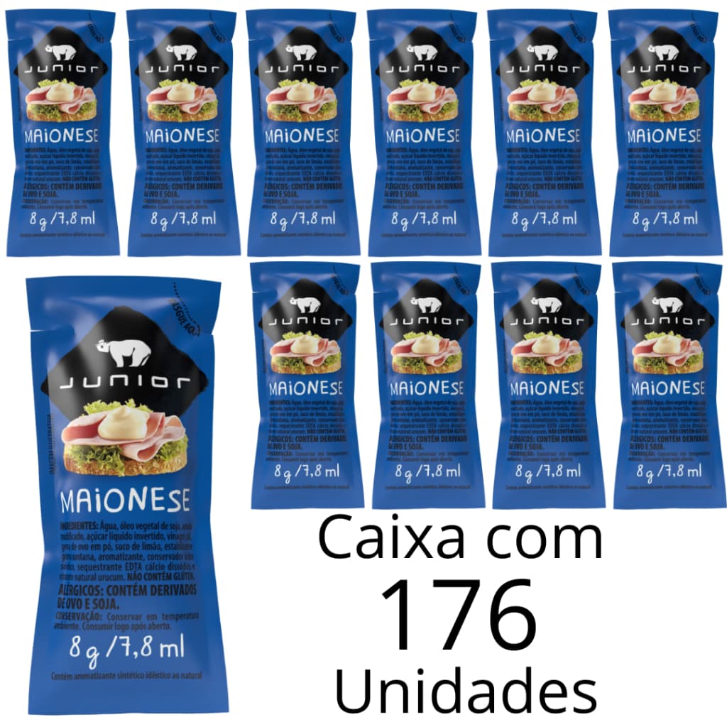 Maionese Cremosa Junior Em Sachê De 8g Caixa Com 176 Unidades Para Lanchonete e Restaurante