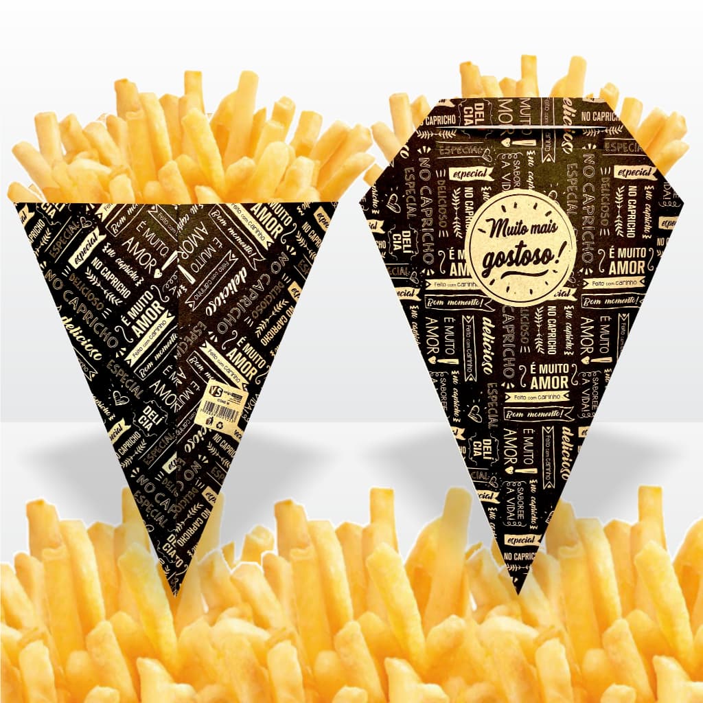 100 Unid Cone Para Batata Frita rústica  Porção com porta molho. Cx de papel.