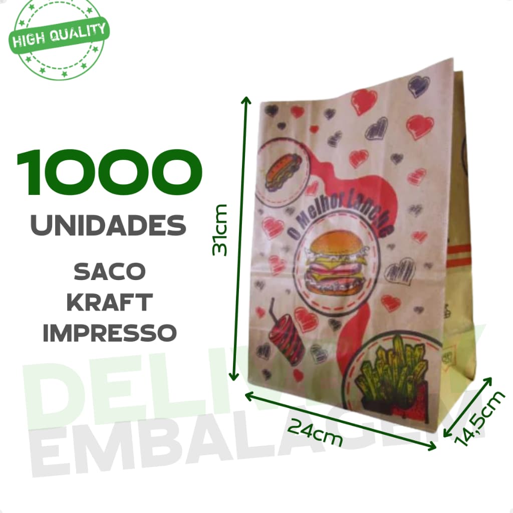 Saco Kraft Para Delivery Melhor Lanche Papel Pardo Embalagens para Entregas 24x14,5x31 1000 Unidades