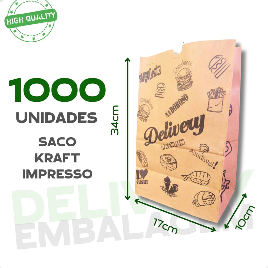 Saco Kraft de Papel Pardo Para Delivery Impresso Embalagem para Lanche 17x10x34 - 1000 Unidades