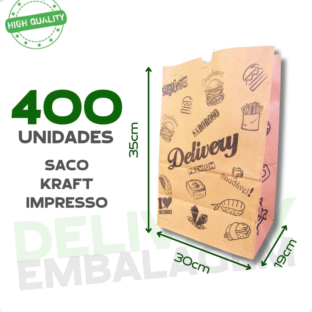 Saco Kraft 400un Para Delivery 30x19x35 Impresso Embalagens de Entregas