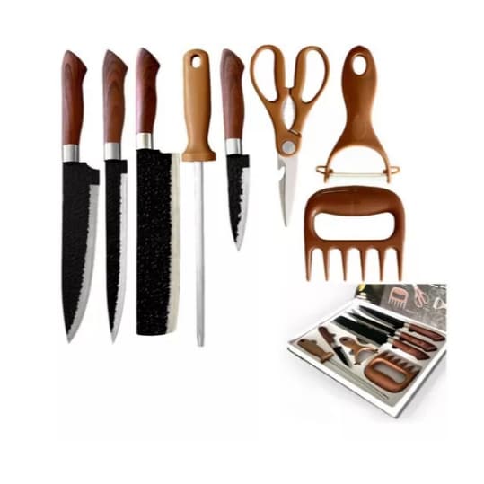 Jogo De Facas Chef Profissional 8 Peças Cozinha Churrasco Inox Cor Marrom