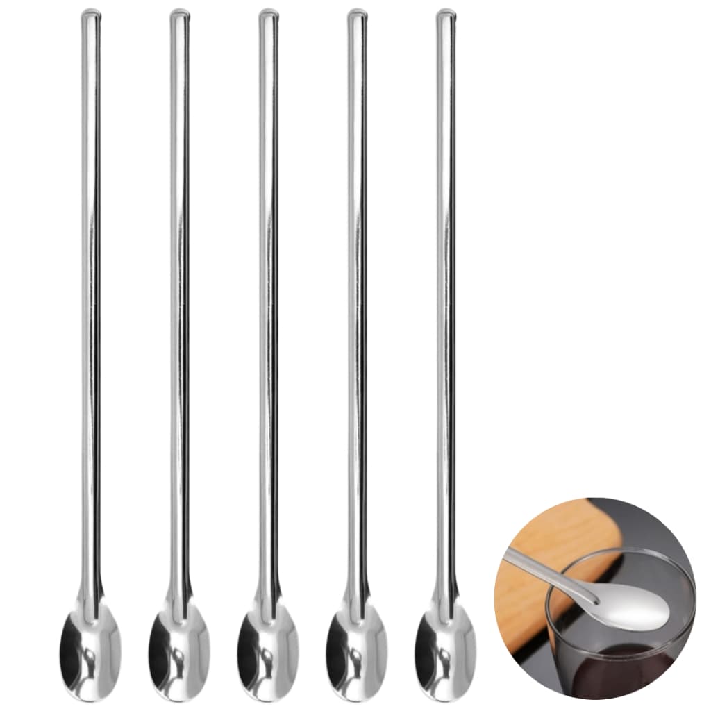 Kit 5 Colher bailarina inox cabo longo 30 cm sucos drinks bebidas