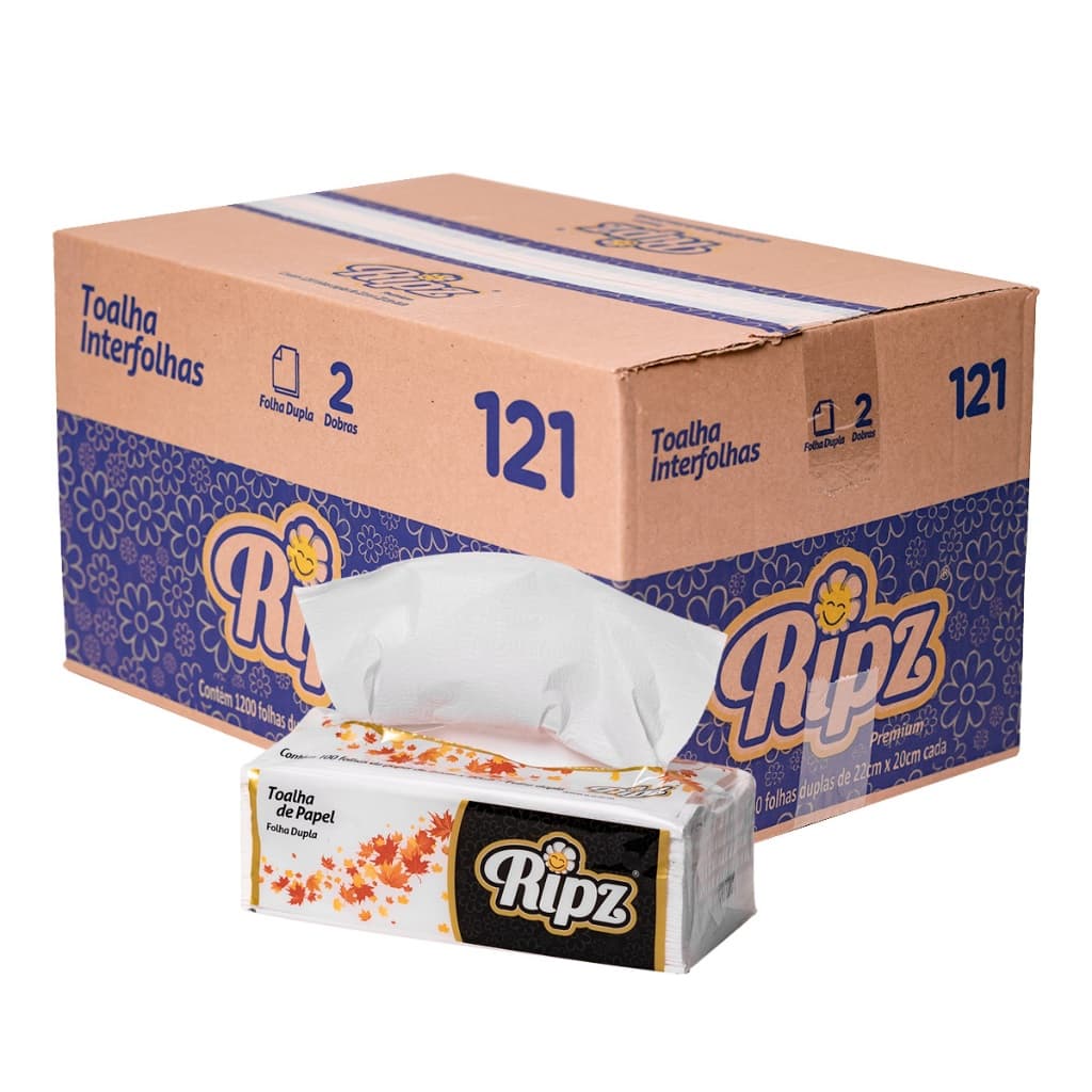 Caixa Papel Toalha Interfolha Ripz Folha Dupla 1200fls Branco (12pcts x 100fls) Alta Absorção