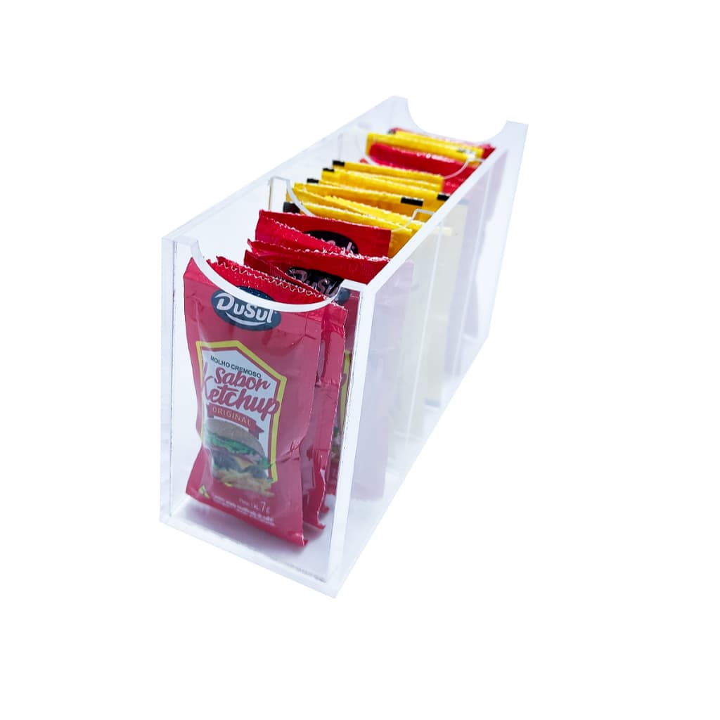 Caixa Porta Ketchup maionese mostarda Organizador de Sachês Com 3 Divisorias em Acrílico