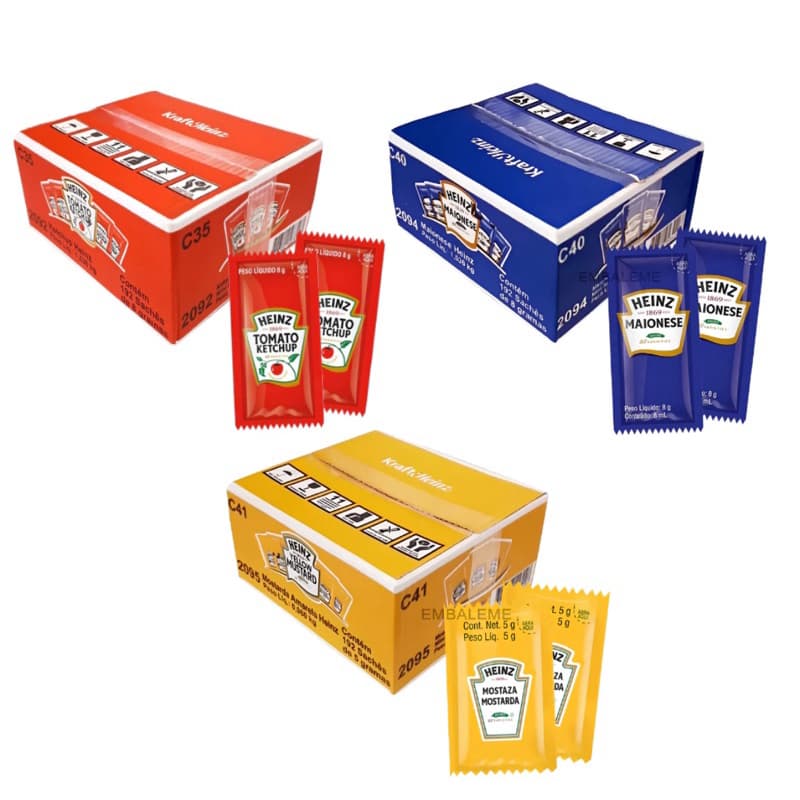 Kit Heinz Sachê Ketchup Maionese Mostarda Caixa 144 Unidades