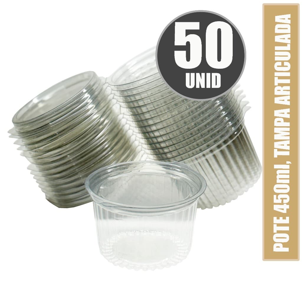 50 POTES CONSERVA, DELIVERY 450ML COM TAMPA ARTICULADA FEITO EM PET