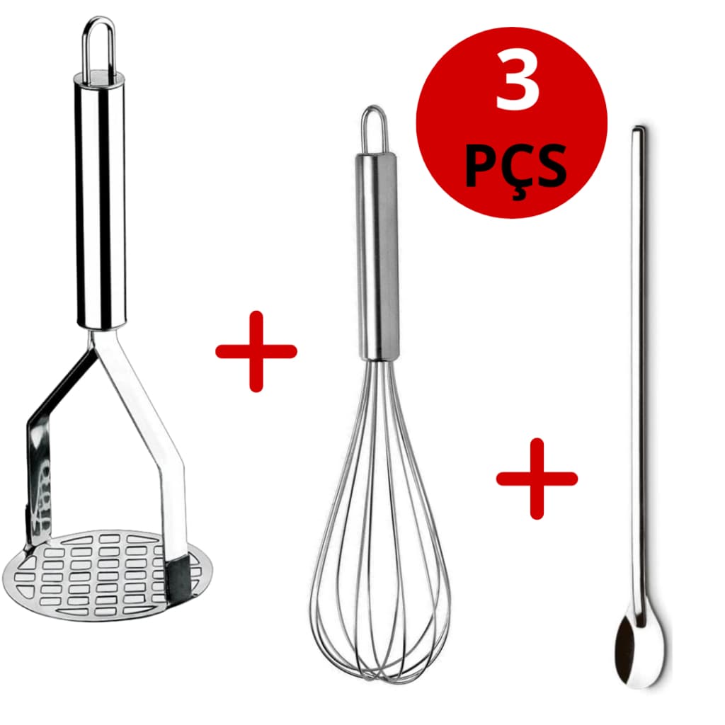 Kit 3 Amassador de Batata Inox+ Batedor de ovos Grande Fue + Colher Suco Bailarina Inox 30 cm