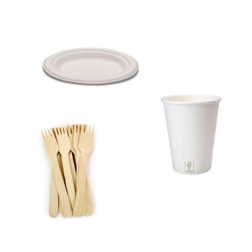 Kit Festa: Prato Biodegradável de bagaço de cana, Garfo de madeira e Copo de papel