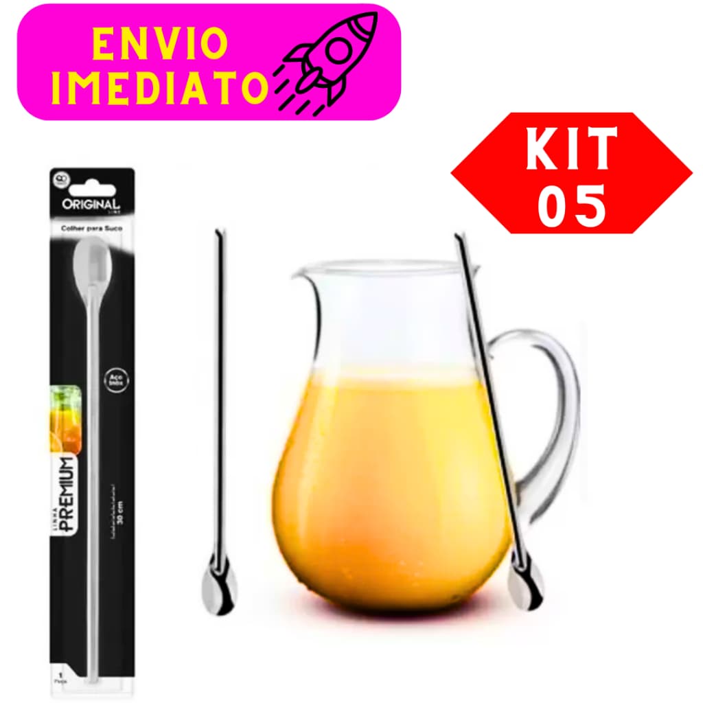Kit 5 Peças Colher Bailarina de Suco Drinks Vitamina Em Aço Inox Alta Qualidade 30cm Grande