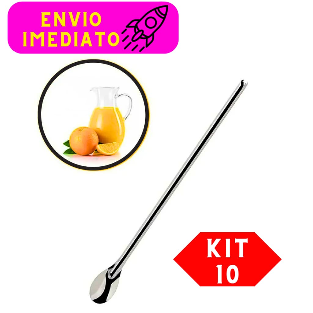 Kit 10 Peças Colher Bailarina de Suco Drinks Vitamina Em Aço Inox Premium 30cm Grande