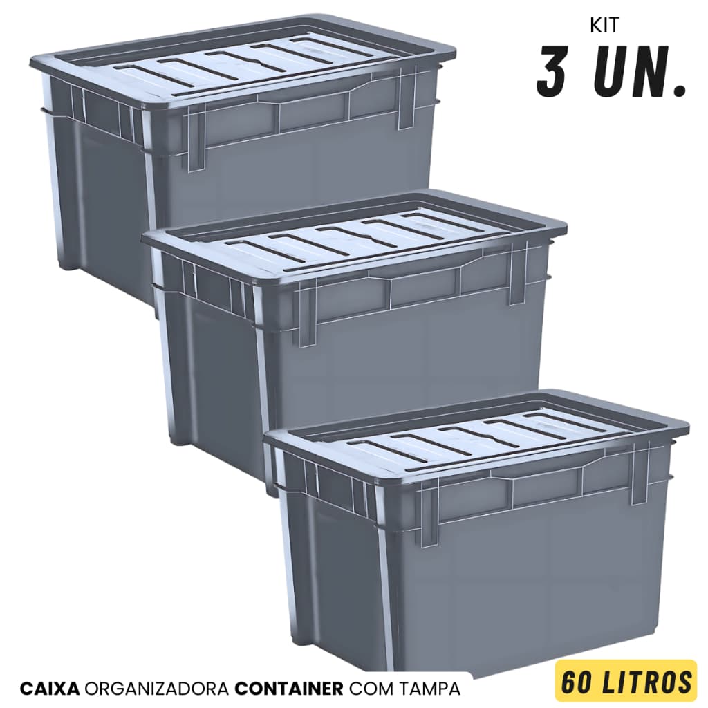 Kit 3 Caixas Organizadoras Preta Grande Multisuso 60 L Super Resistente Com Tampa Black Injeplastec