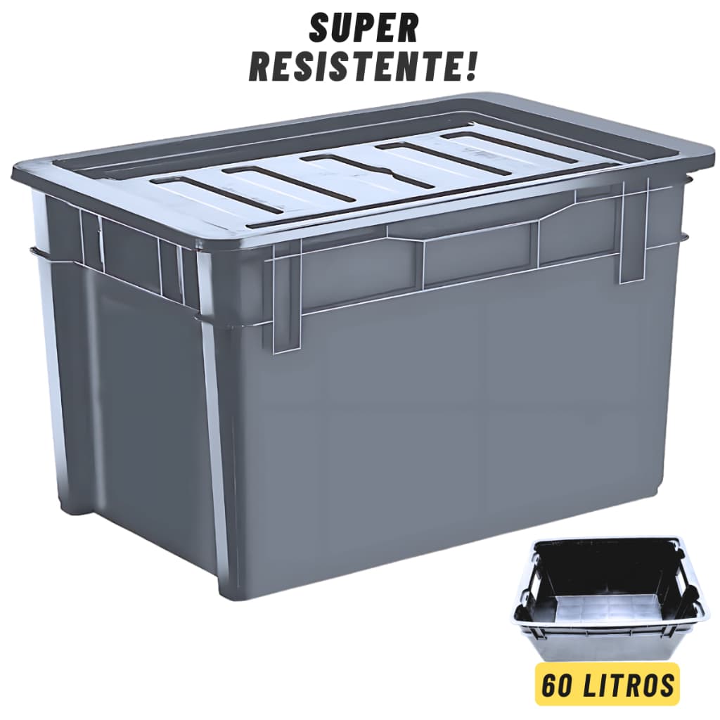 Caixa Organizadora Preta Grande Multisuso 60 L Super Resistente Com Tampa Black Injeplastec